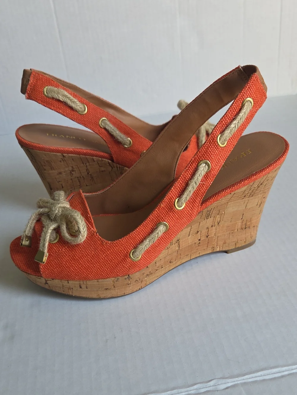 Franco Sarto Cliff Orange Cork Wedge Slingback Espadrille Sandals Sz 8.5